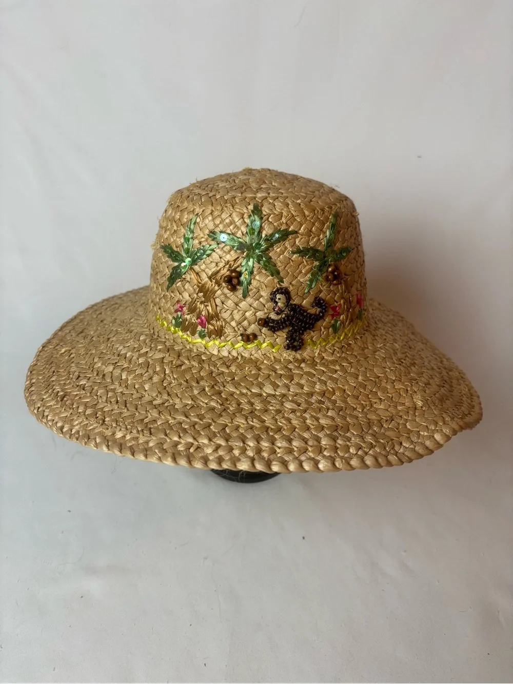 Woven Straw Raffia Sun Hat Beaded Monkey Embroidered Palm Trees Women’s Beach